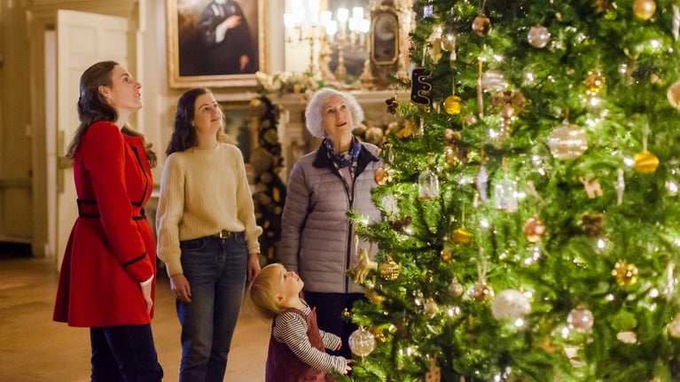 A family admiring a Christmas tree at Petworth, Surrey